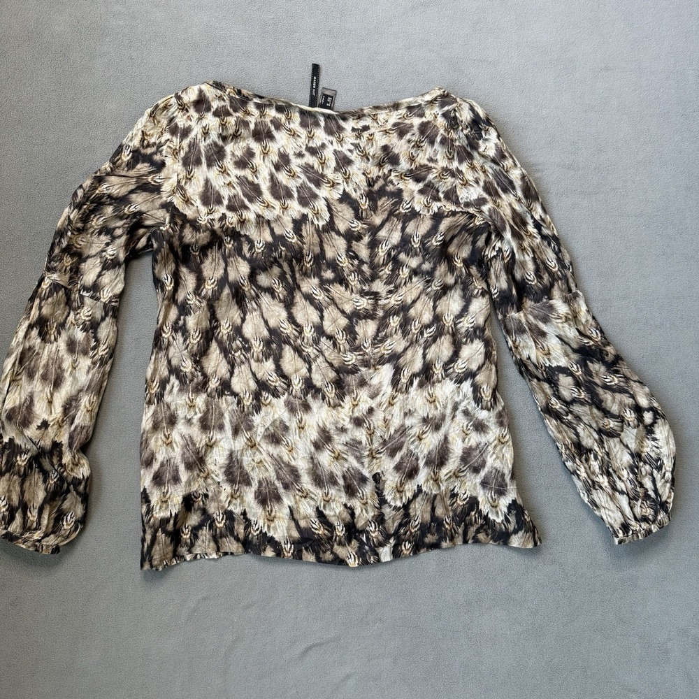 Mango MNG Suit Blouse Womens 8 Large Brown Silk Balloon Sleeve Peacock‎ Feather - Picture 2 of 15